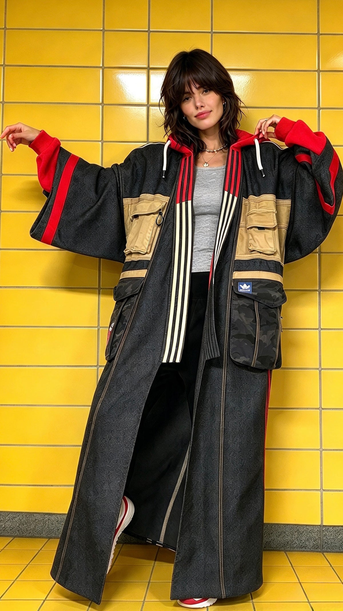 Oversized Wool Adidas Kimono – Hooded Retro Patchwork Utility Coat BLUE & RED