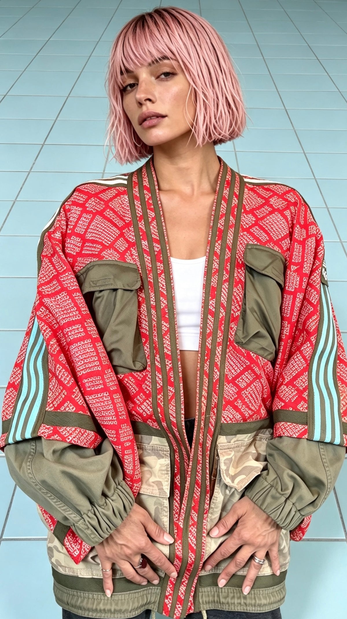 Red Haori kimono with camo utility detailing