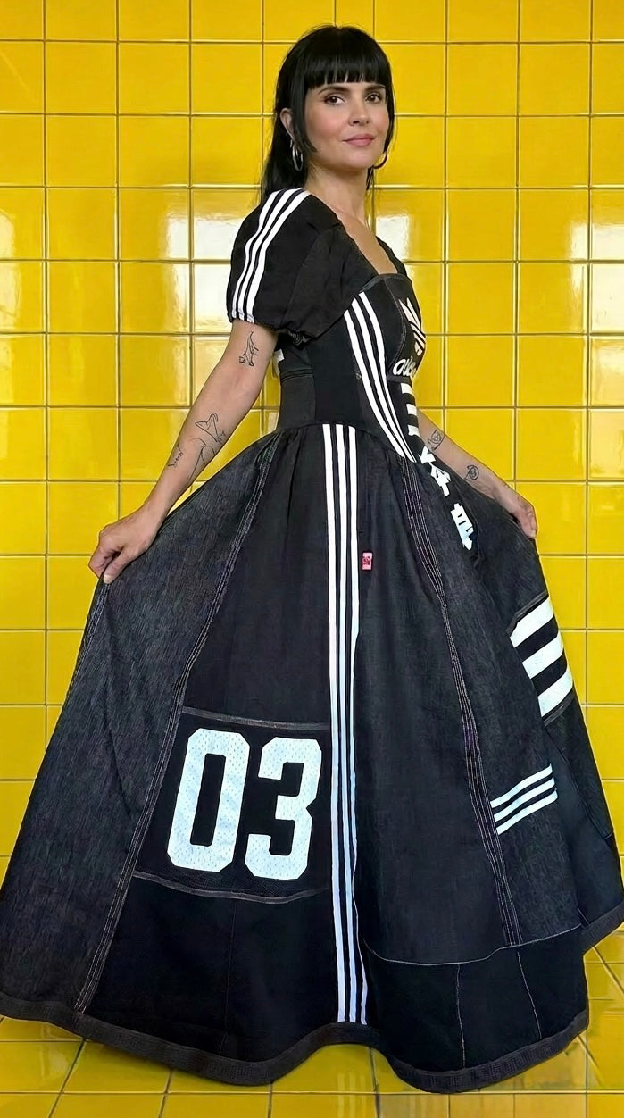 Adidas Reworked Corset Maxi Dress | Monochrome Sports Luxe Statement Dress | Upcycled One-Off Piece