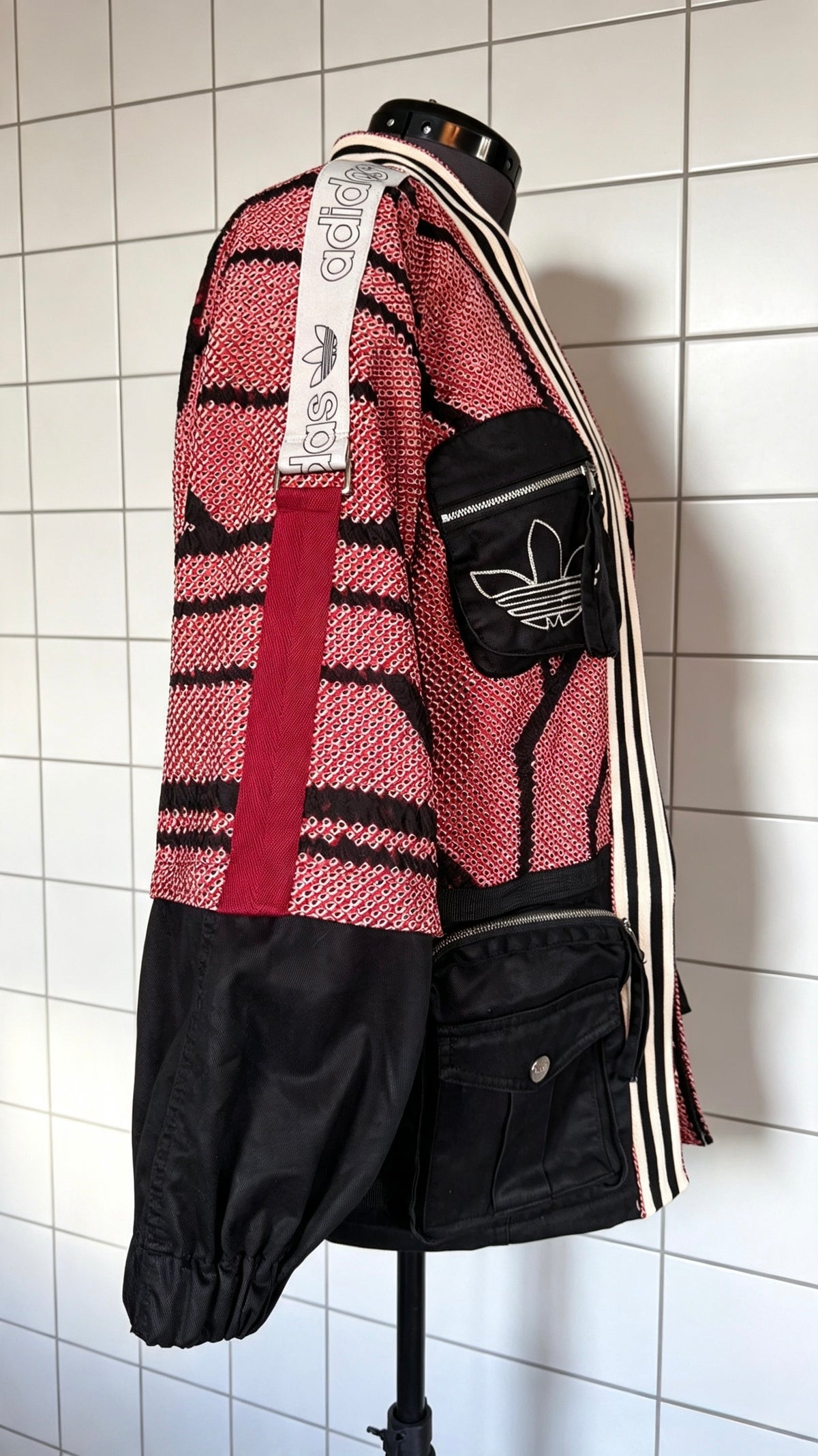 Red, Black &amp; Ivory Haori Kimono with Black Cargo Detailing