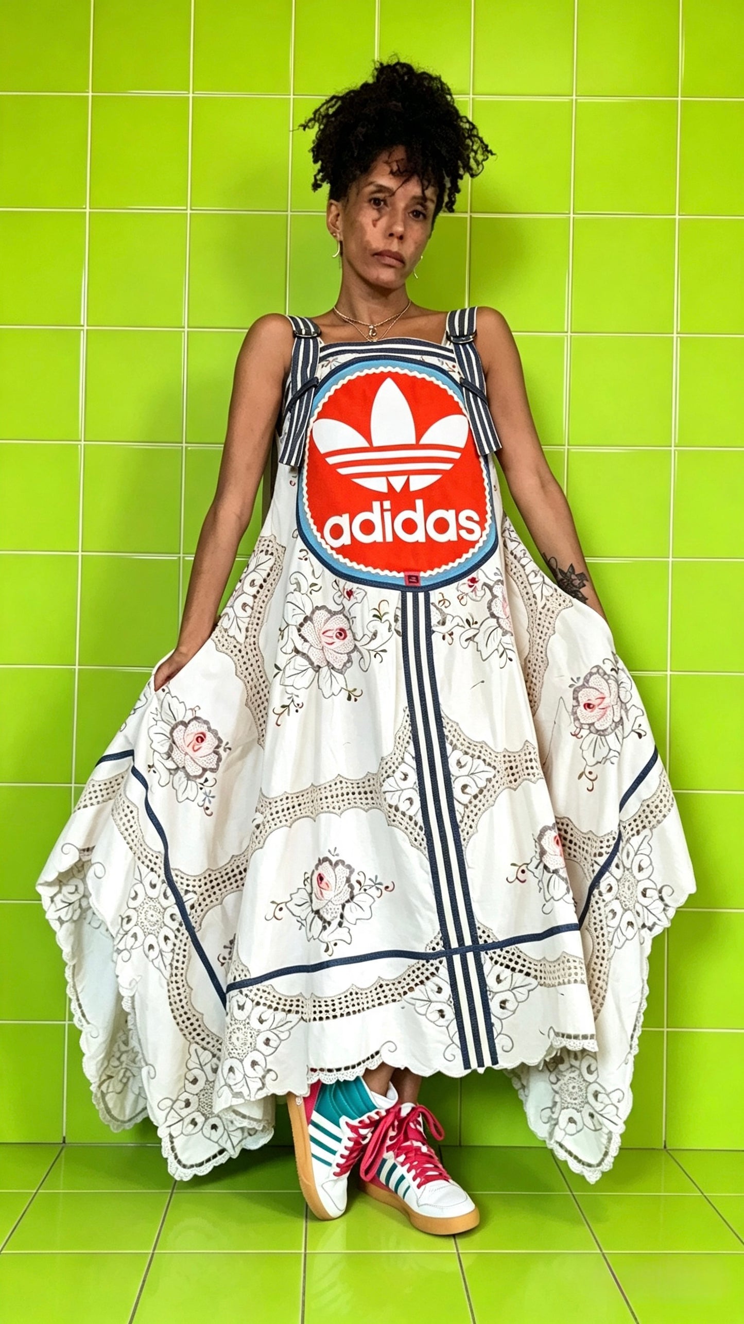 vintage cotton and lace embroidered Adidas logo dress with denim trim