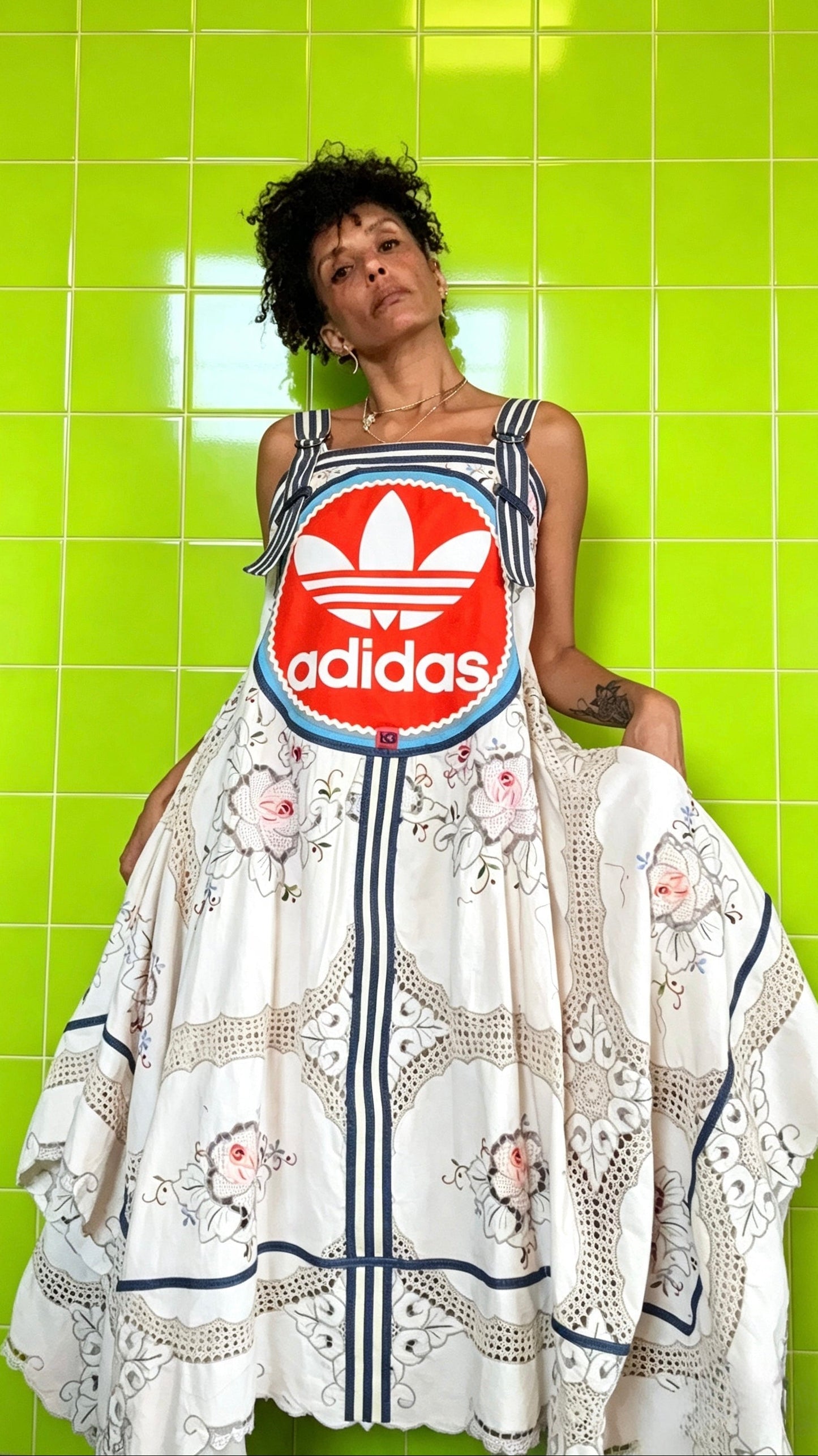vintage cotton and lace embroidered Adidas logo dress with denim trim