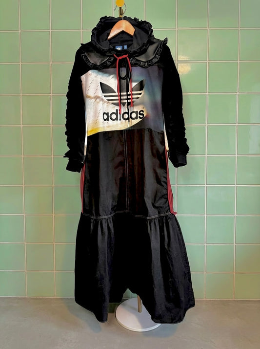 Adidas Hooded dress- reworked with detachable leather collar