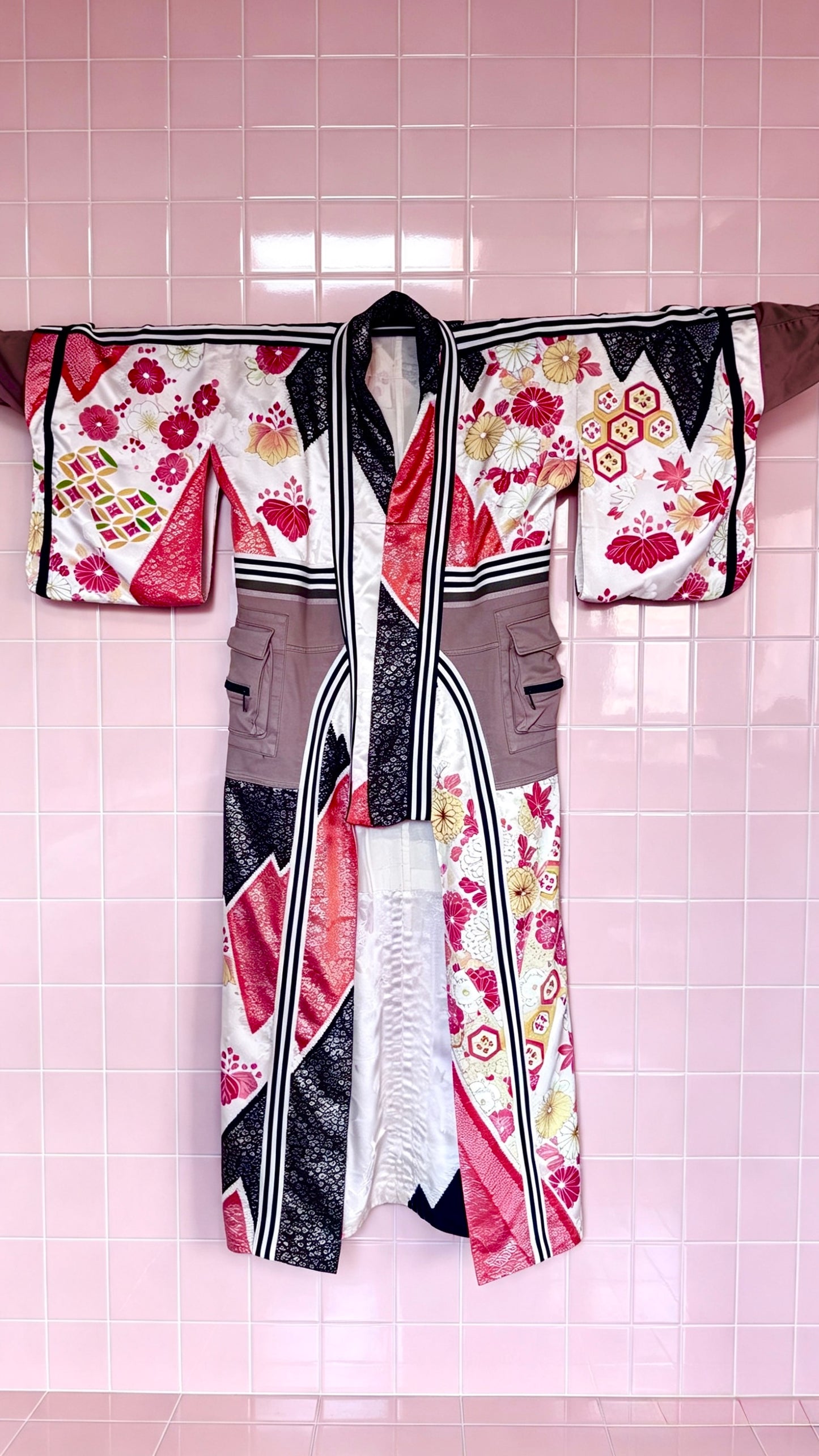 One-of-a-Kind Reworked Silk longline Kimono Cargo Jacket