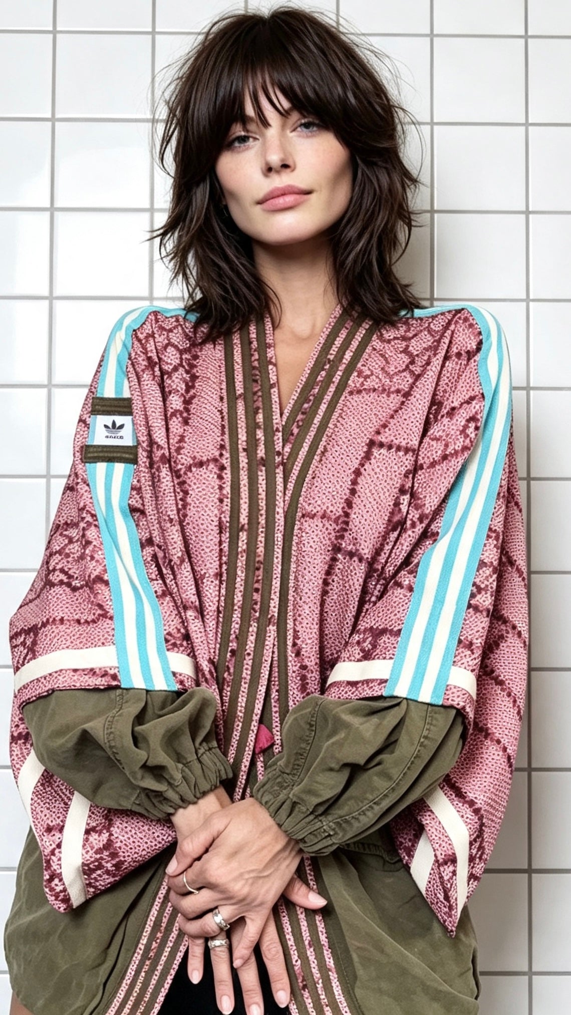 Dusky Pink Kimono with Olive green cargo pocket and blue stripeDusky Pink Textured Silk Kimono Cargo Jacket | Reworked Designer-Inspired Statement Piece