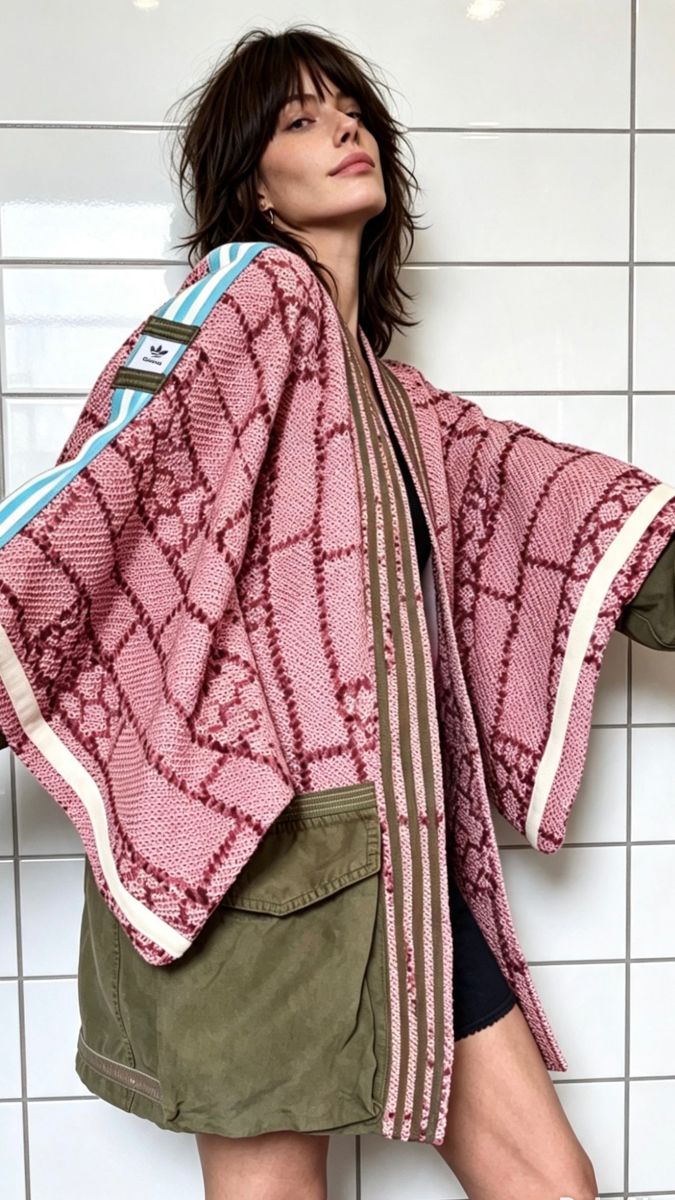 Dusky Pink Kimono with Olive green cargo pocket and blue stripeDusky Pink Textured Silk Kimono Cargo Jacket | Reworked Designer-Inspired Statement Piece