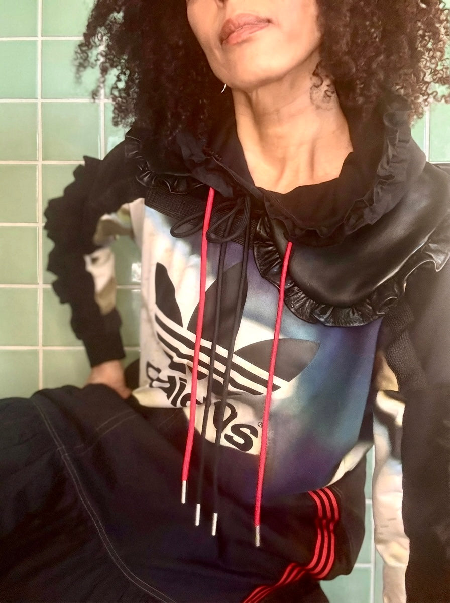 Adidas Hooded dress- reworked with detachable leather collar