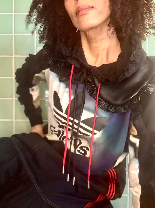 Adidas Hooded dress- reworked with detachable leather collar