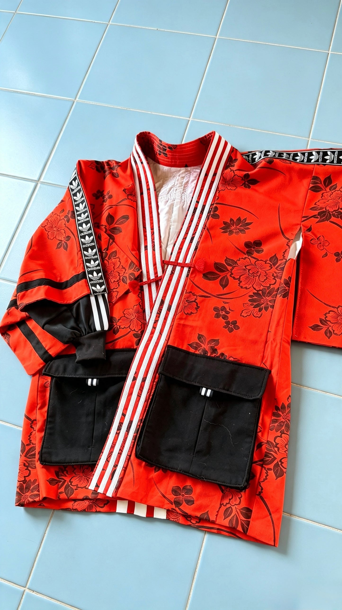 Deep Orange Floral Silk Kimono — Adidas Rework