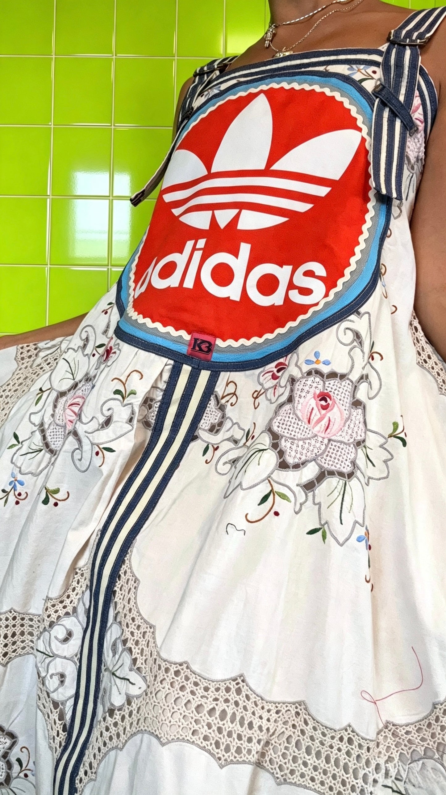 vintage cotton and lace embroidered Adidas logo dress with denim trim