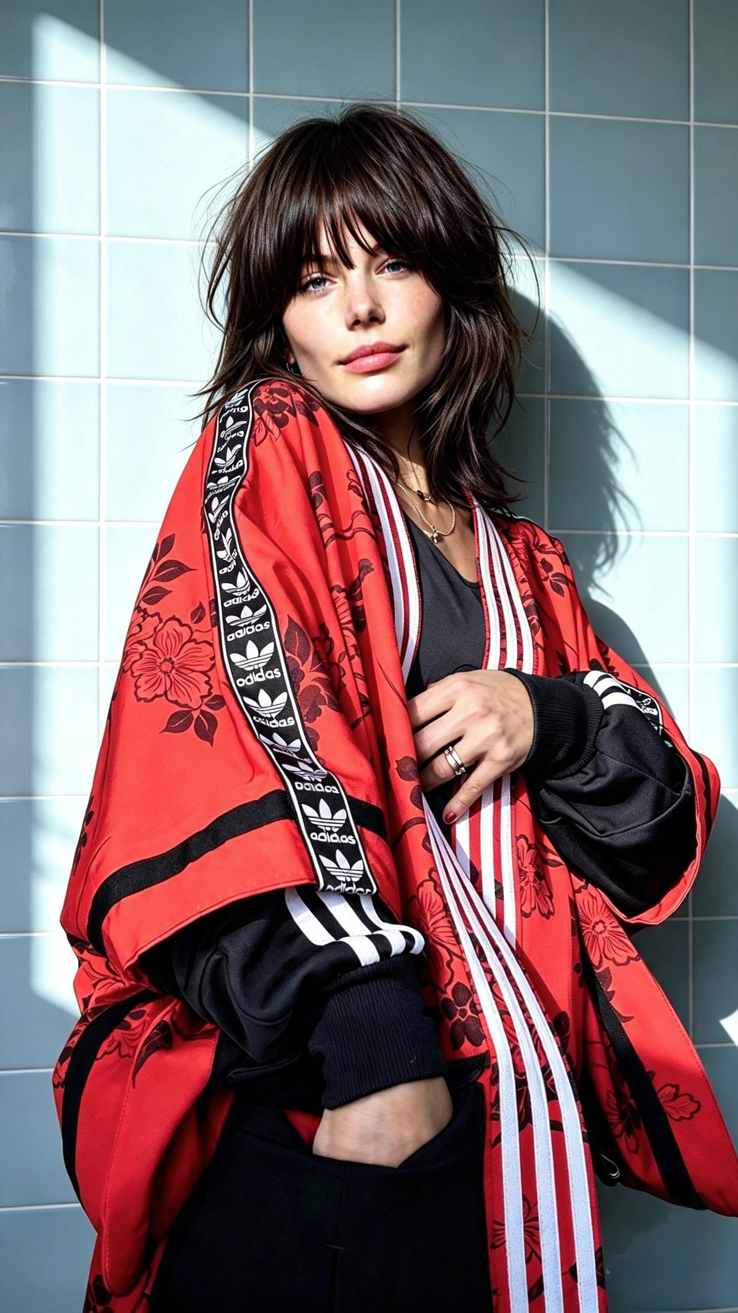 Deep Orange Floral Silk Kimono — Adidas Rework