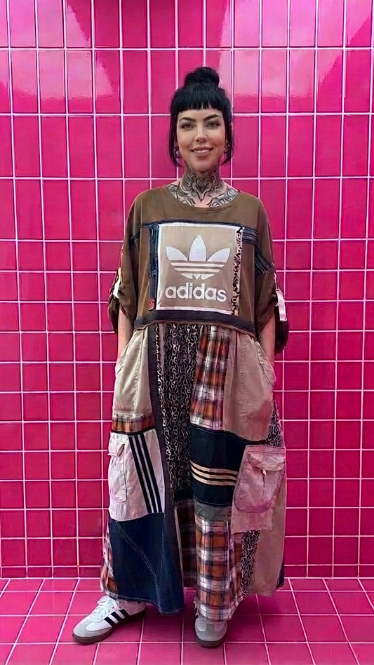 Reworked Adidas Patchwork Dress – Check, Denim & Tencel Dress, Upcycled Adidas Streetwear Dress, One of a Kind Casual Dress with Pockets