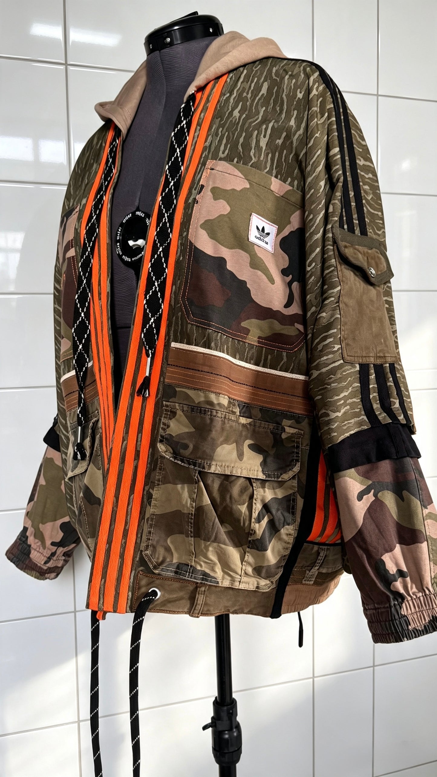 Kimono with Camo print Khaki orange trim Utility pockets and hood