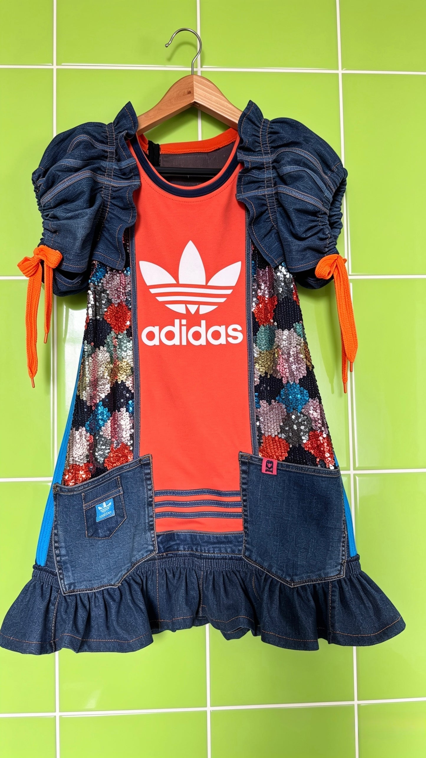 Reworked Adidas Denim & Sequin Mini Dress/adidas | Festival Dress | Puff Sleeve | One of a Kind Upcycled Fashion