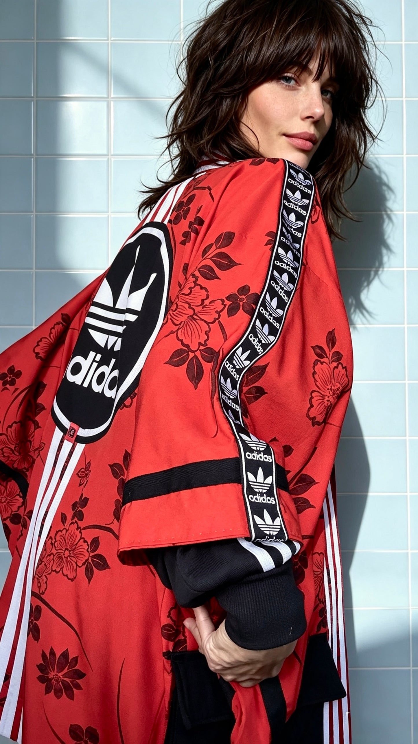 Deep Orange Floral Silk Kimono — Adidas Rework
