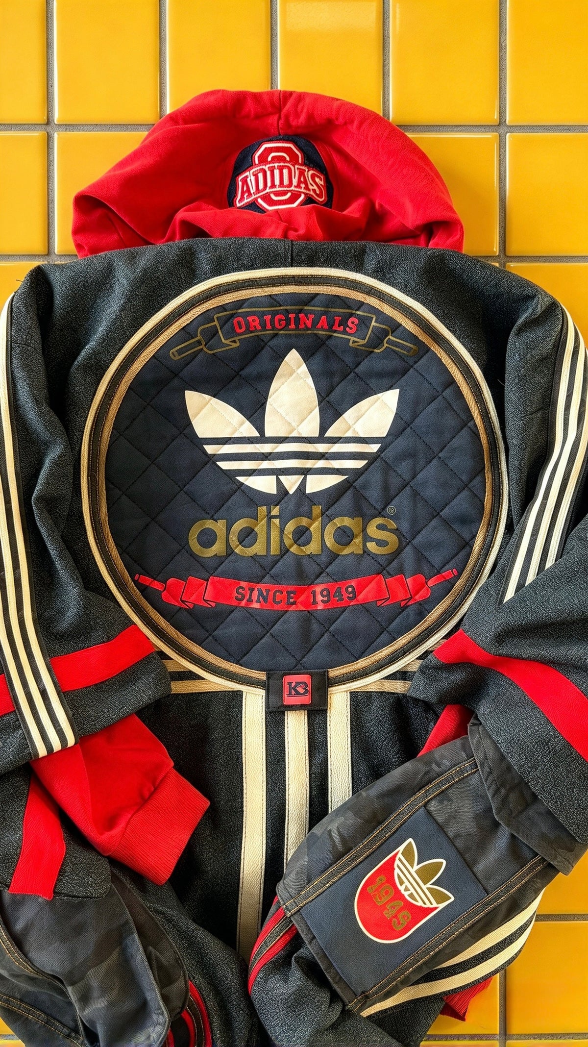Oversized Wool Adidas Kimono – Hooded Retro Patchwork Utility Coat BLUE & RED