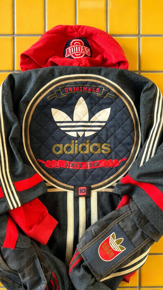 Oversized Wool Adidas Kimono – Hooded Retro Patchwork Utility Coat BLUE & RED