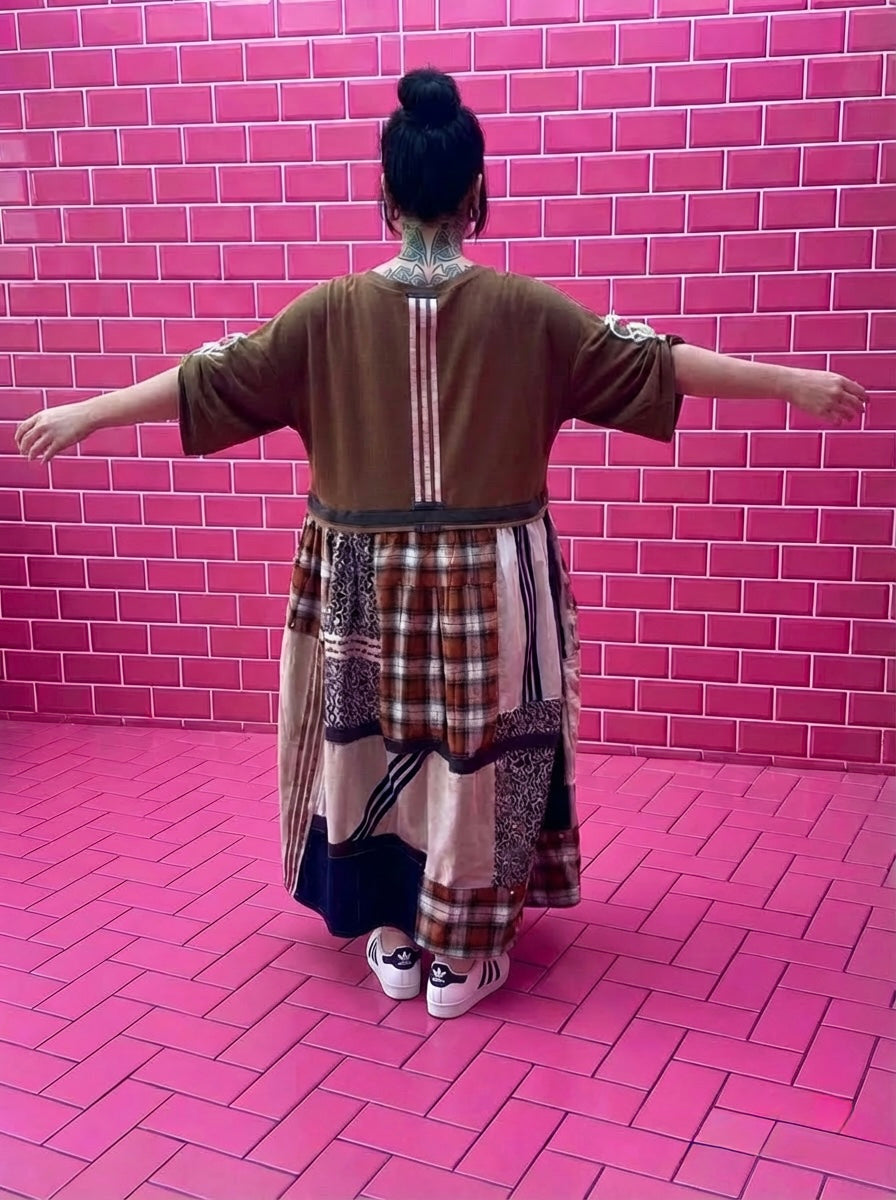 Reworked Adidas Patchwork Dress – Check, Denim & Tencel Dress, Upcycled Adidas Streetwear Dress, One of a Kind Casual Dress with Pockets