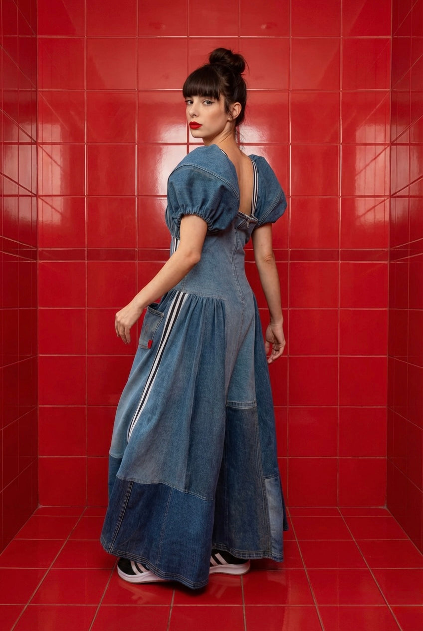 Reworked Adidas Denim Dress, Puff Sleeve Patchwork Dress, Upcycled Jeans Dress, 3 Stripe Detail, One of a Kind