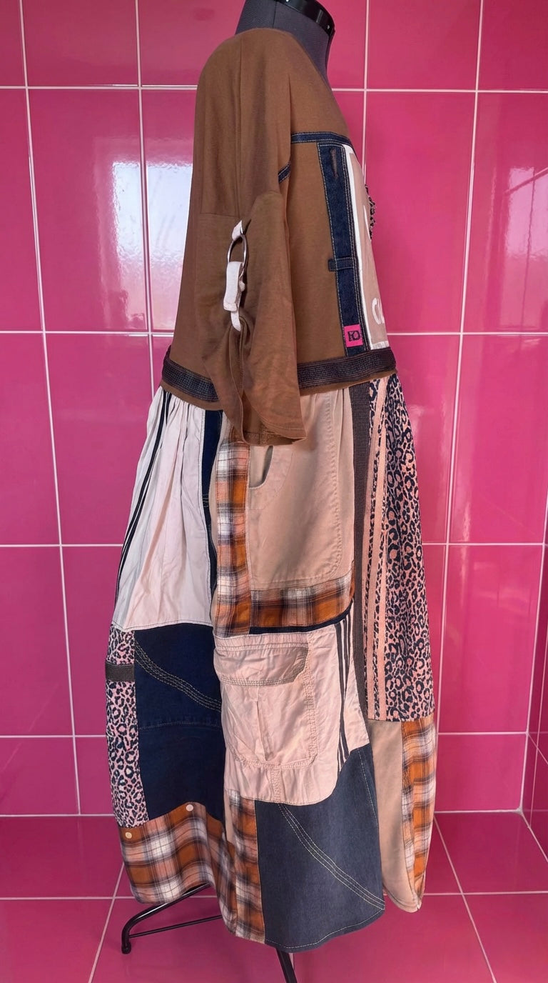 Reworked Adidas Patchwork Dress – Check, Denim & Tencel Dress, Upcycled Adidas Streetwear Dress, One of a Kind Casual Dress with Pockets