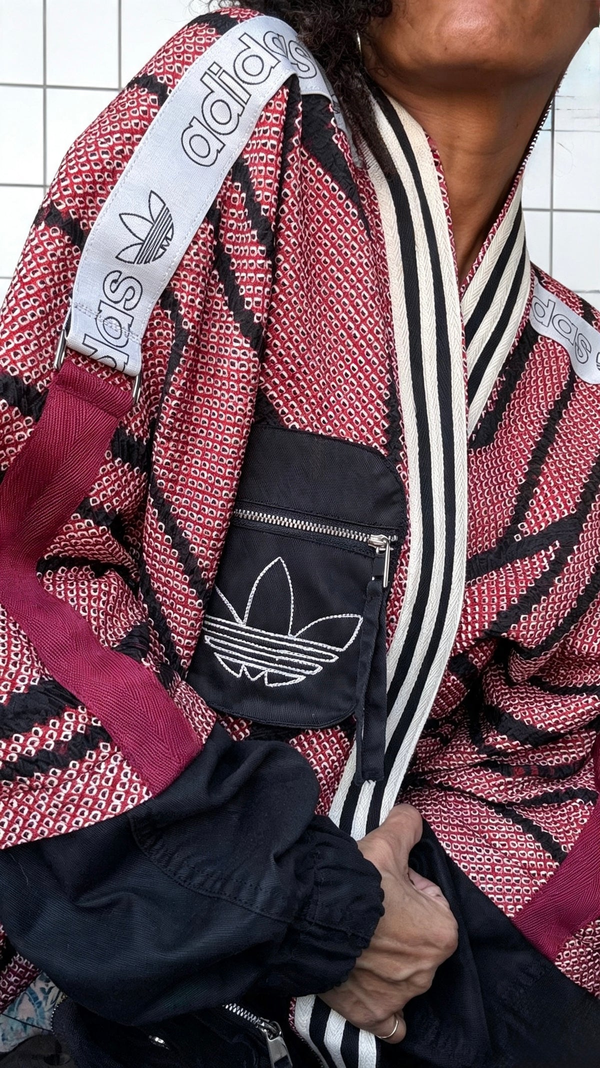 Red, Black &amp; Ivory Haori Kimono with Black Cargo Detailing