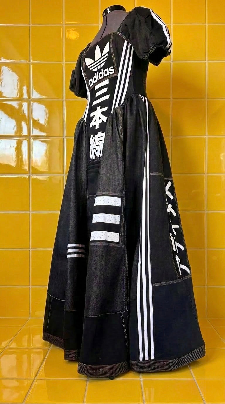 Adidas Reworked Corset Maxi Dress | Monochrome Sports Luxe Statement Dress | Upcycled One-Off Piece