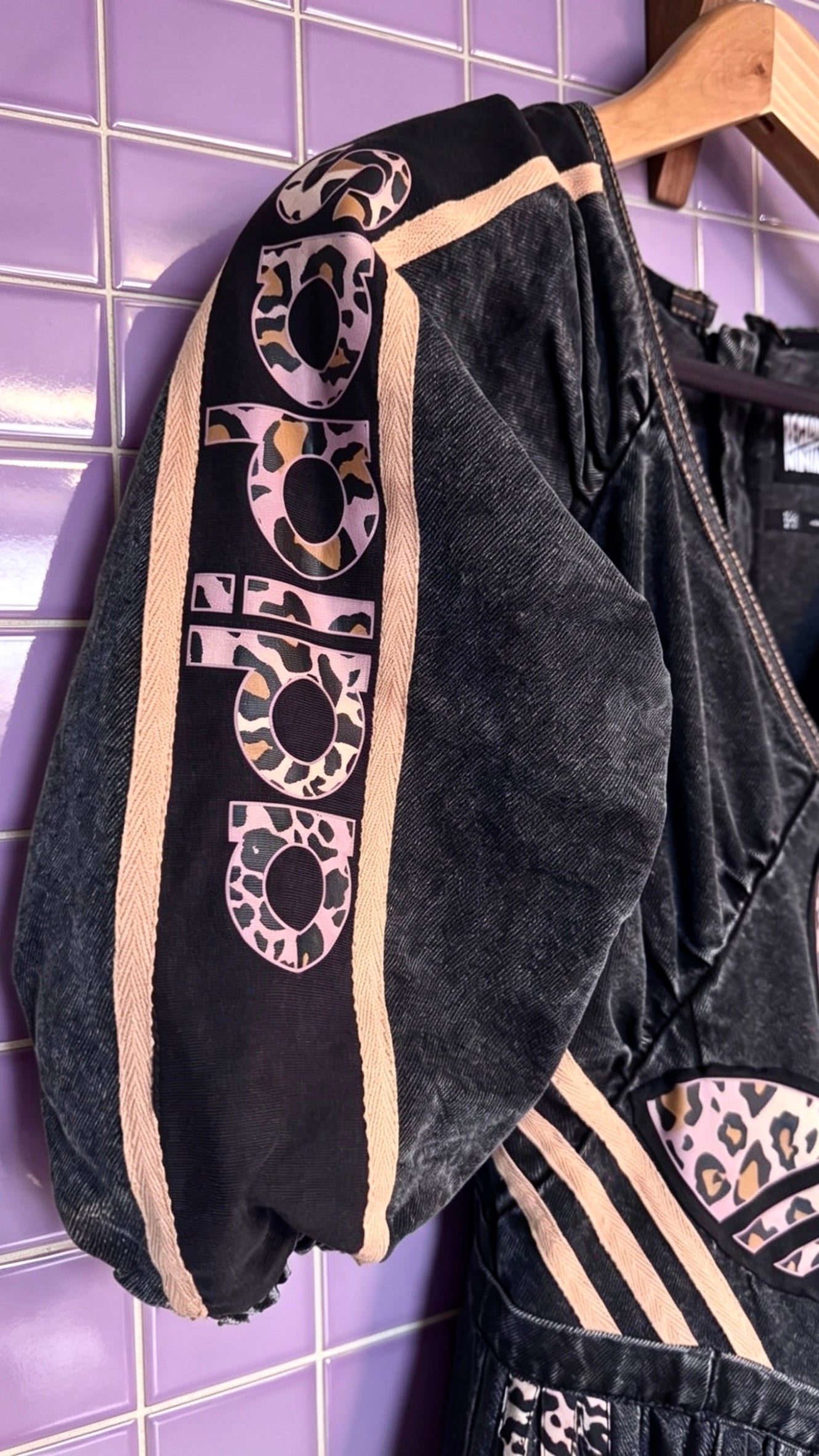 denim corset style dress with leopard adidas logo