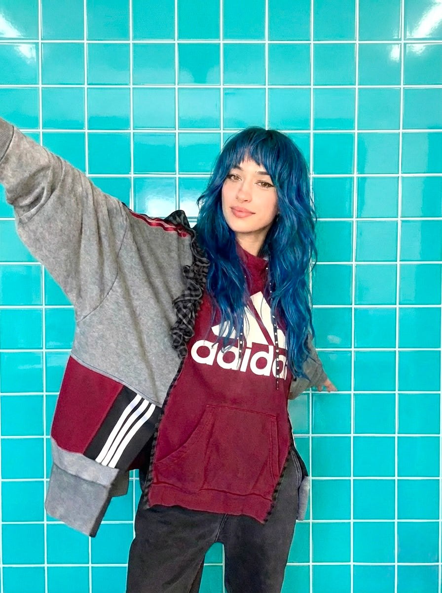 Adidas Reworked hoodie-smiley face reverse applique detail, gingham frill on sleeve grey and burgundy
