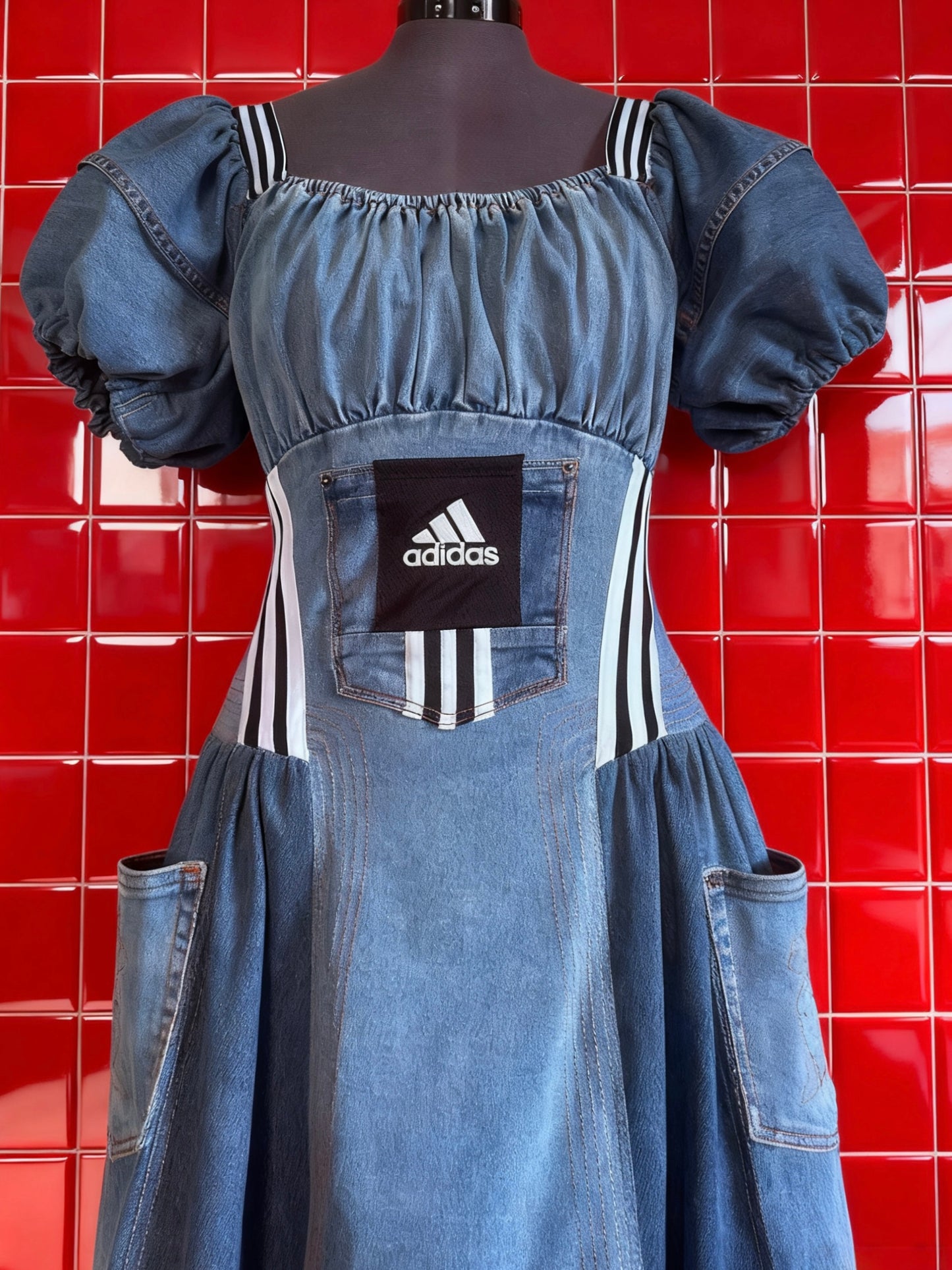 Reworked Adidas Denim Dress, Puff Sleeve Patchwork Dress, Upcycled Jeans Dress, 3 Stripe Detail, One of a Kind