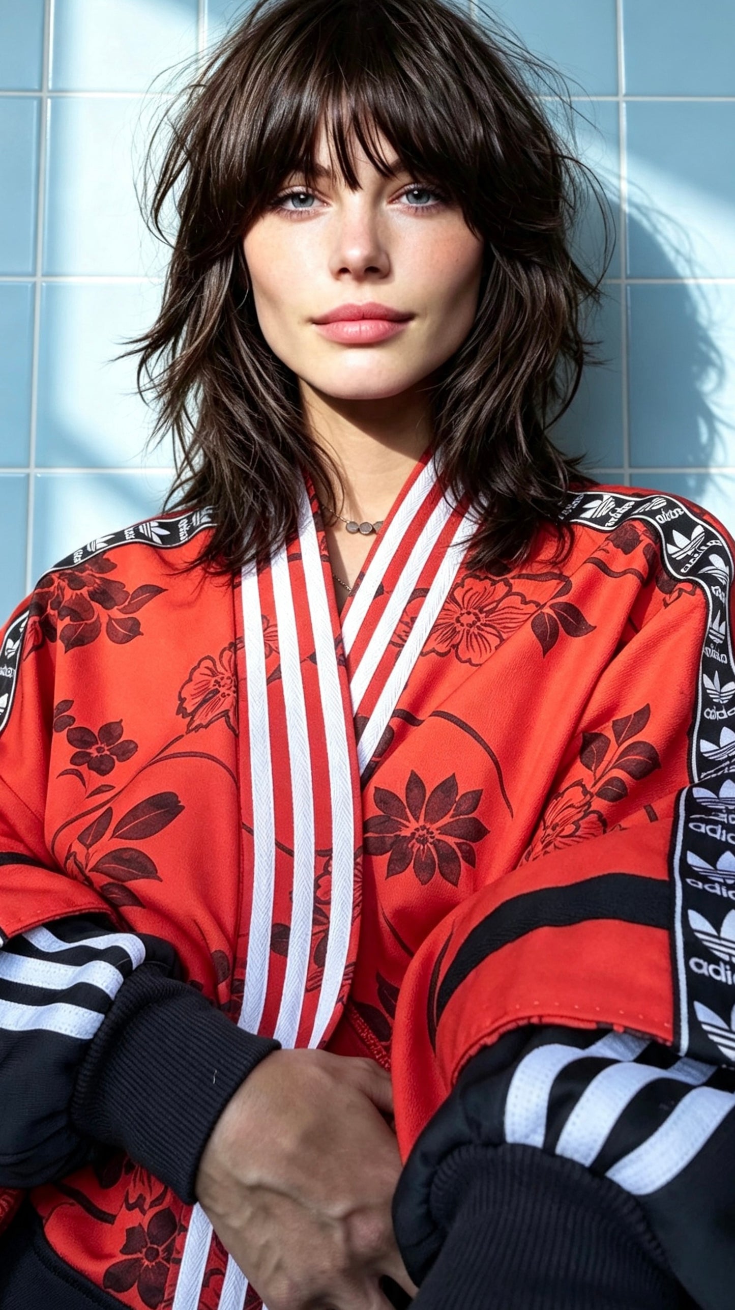 Deep Orange Floral Silk Kimono — Adidas Rework