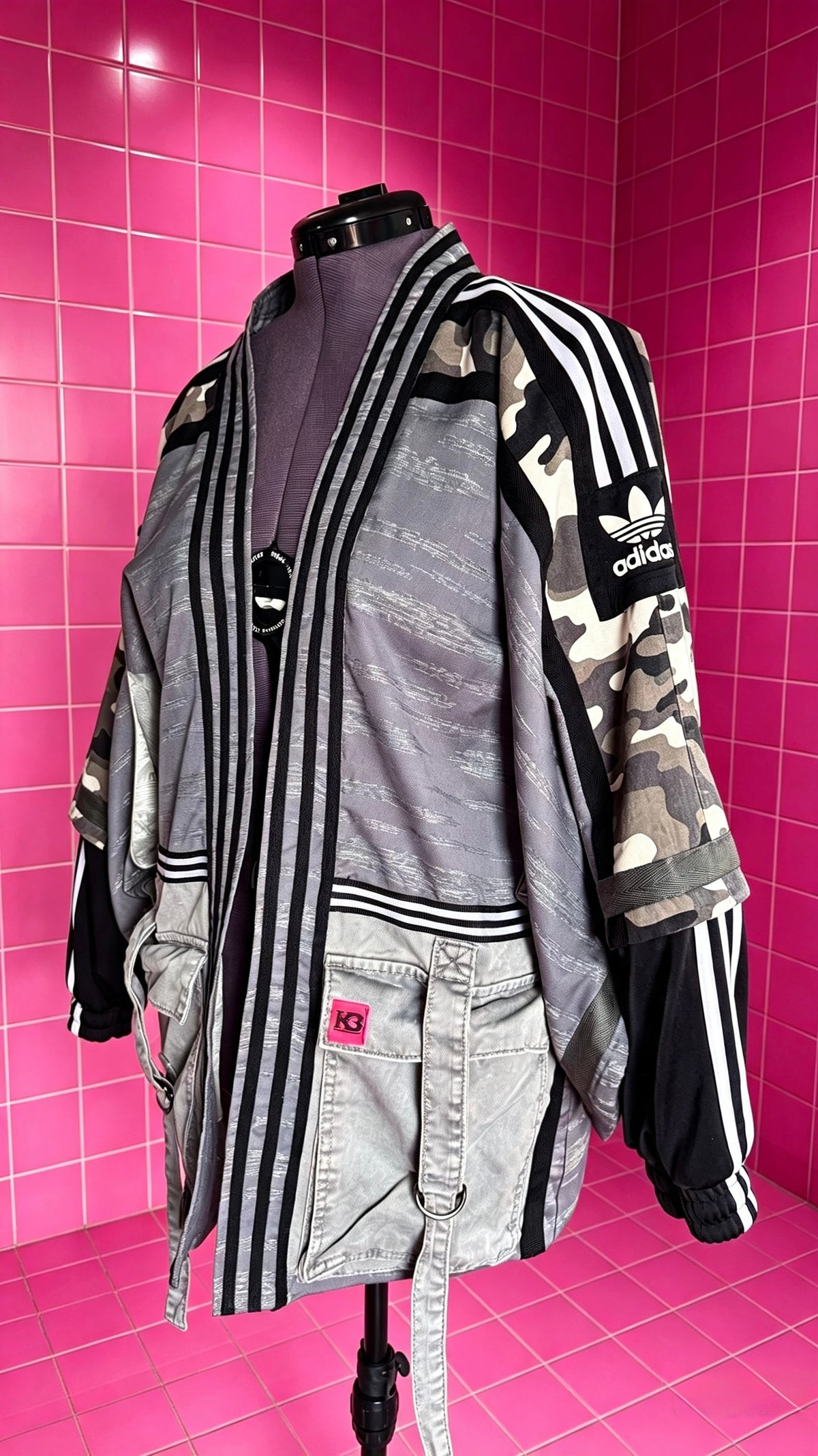 Blue/Grey, Black, White &amp; Grey Haori Kimono with Grey Cargo Detailing