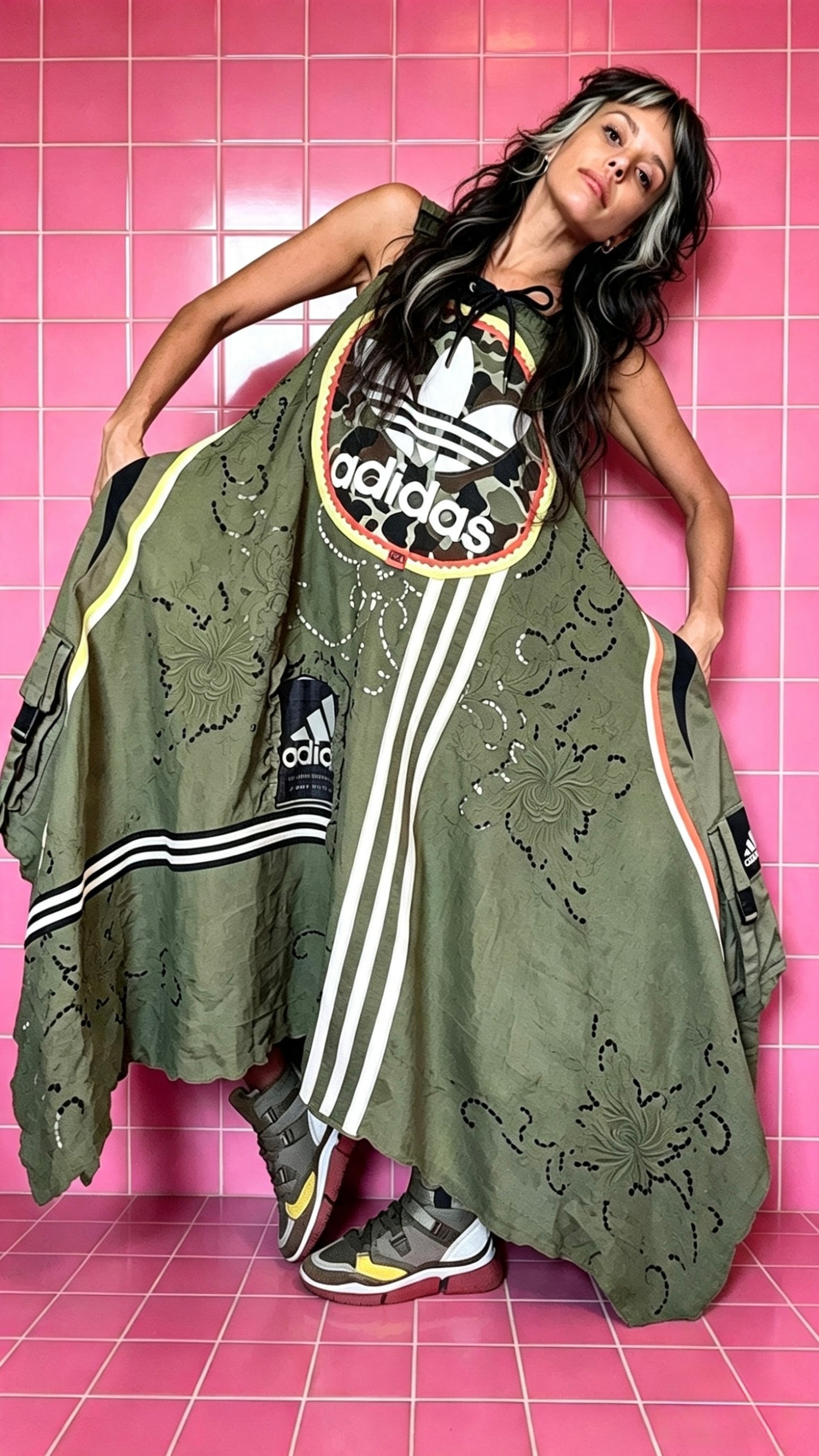 Khaki Camo Adidas Lace Dress | Handmade Upcycled Festival Dress | One Size Utility Swing Dress