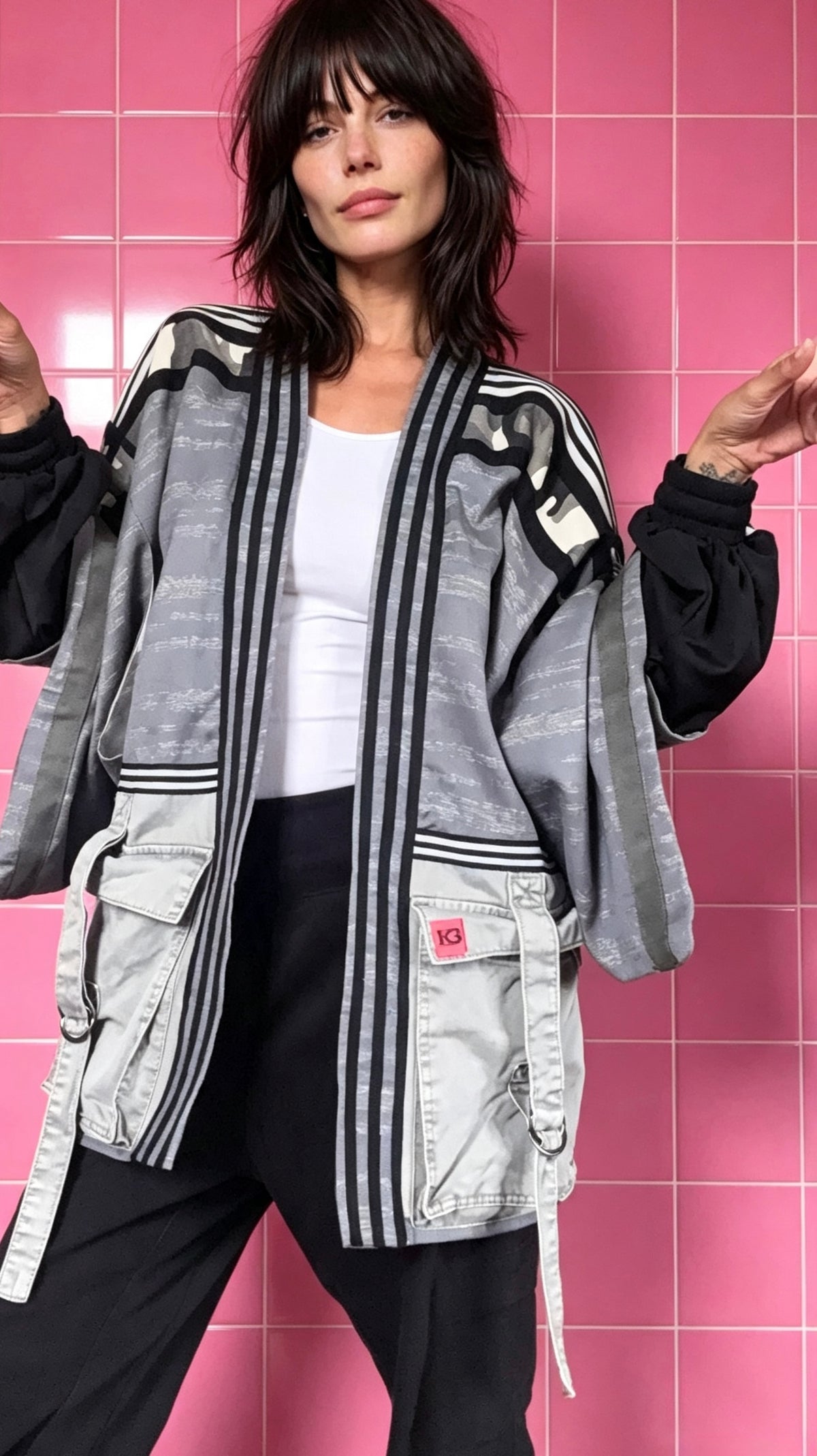Blue/Grey, Black, White &amp; Grey Haori Kimono with Grey Cargo Detailing