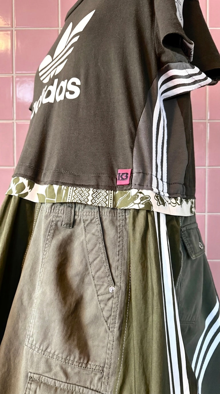 Reworked Adidas Khaki Green Maxi Dress | Oversized Trapeze Cargo Dress | 8 Pocket Utility Dress | Stripe Detail | One Size