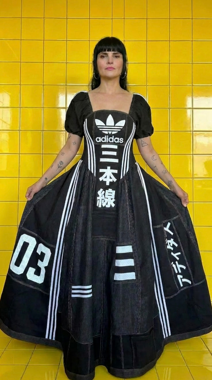 Adidas Reworked Corset Maxi Dress | Monochrome Sports Luxe Statement Dress | Upcycled One-Off Piece