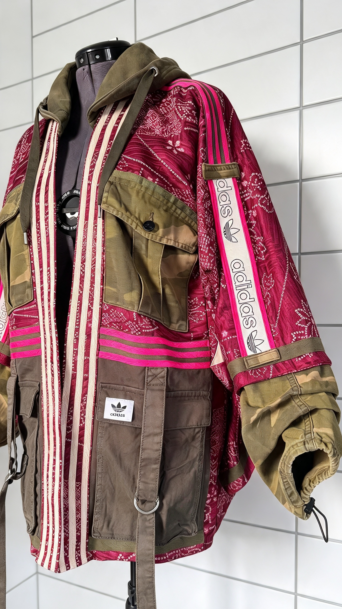 Burgundy Kimono Adidas logo - khaki hooded