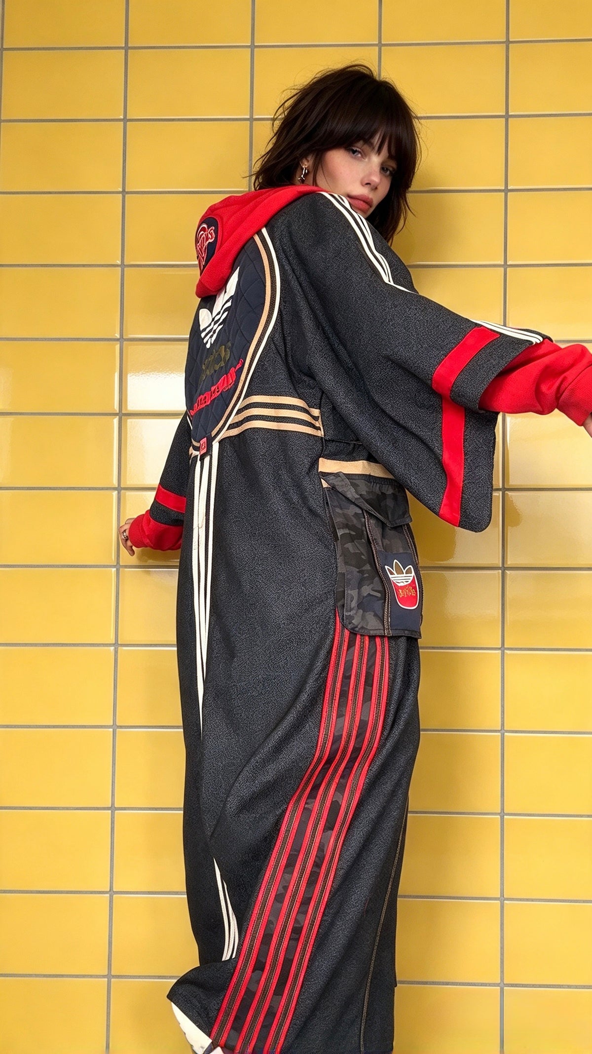 Oversized Wool Adidas Kimono – Hooded Retro Patchwork Utility Coat BLUE & RED