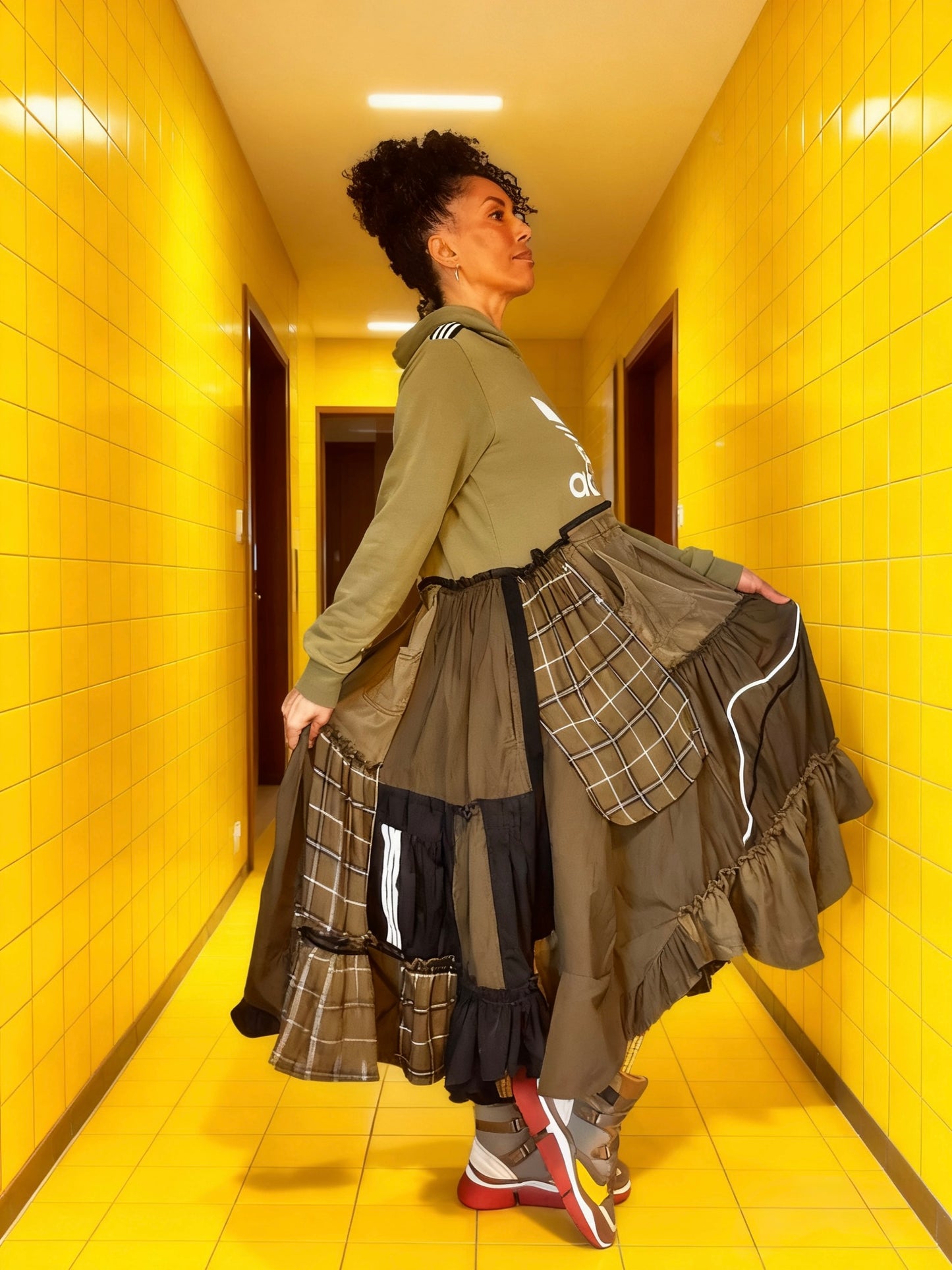 Adidas-khaki patchwork, check and plain hoodie- Handmade