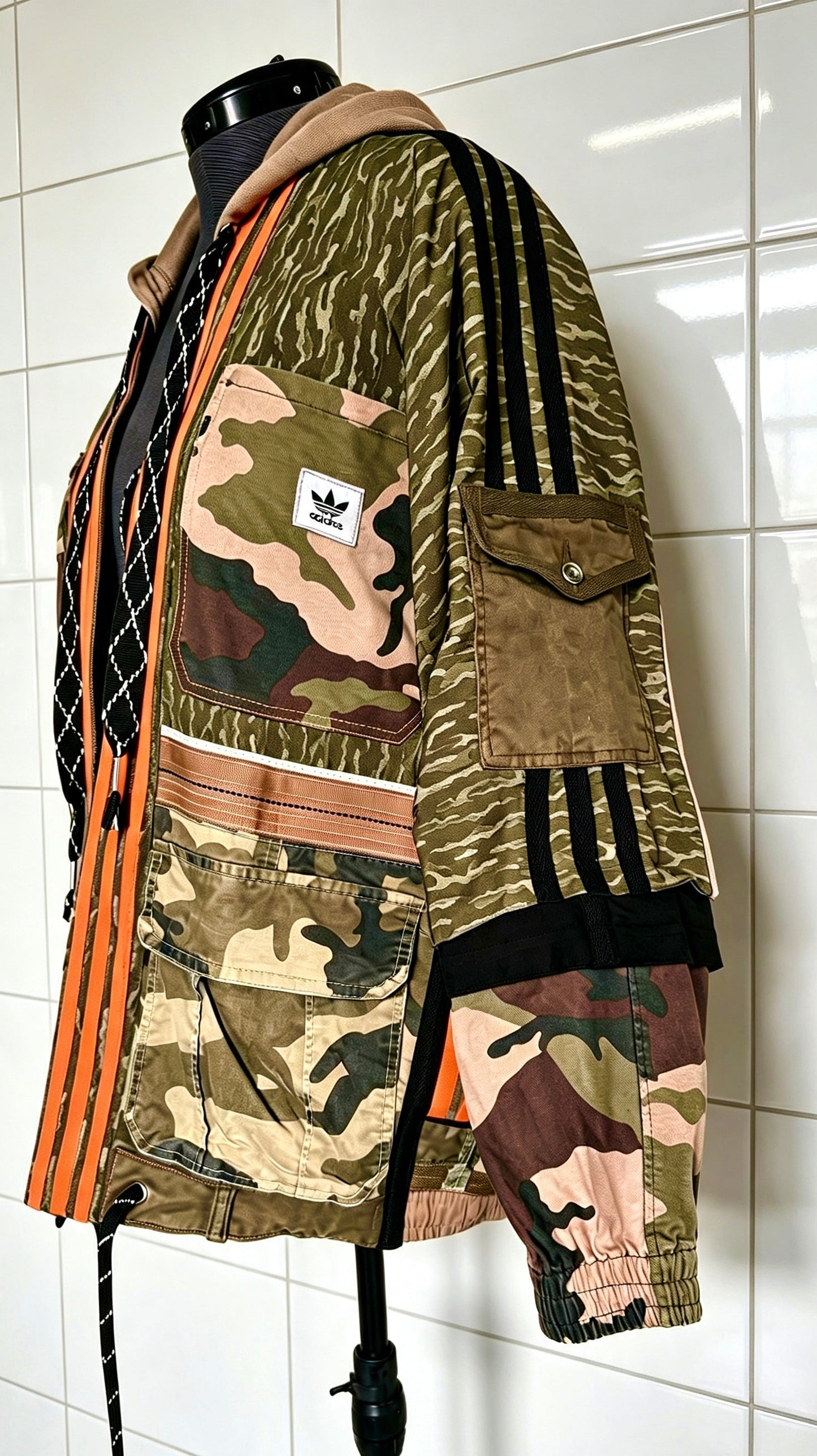 Kimono with Camo print Khaki orange trim Utility pockets and hood
