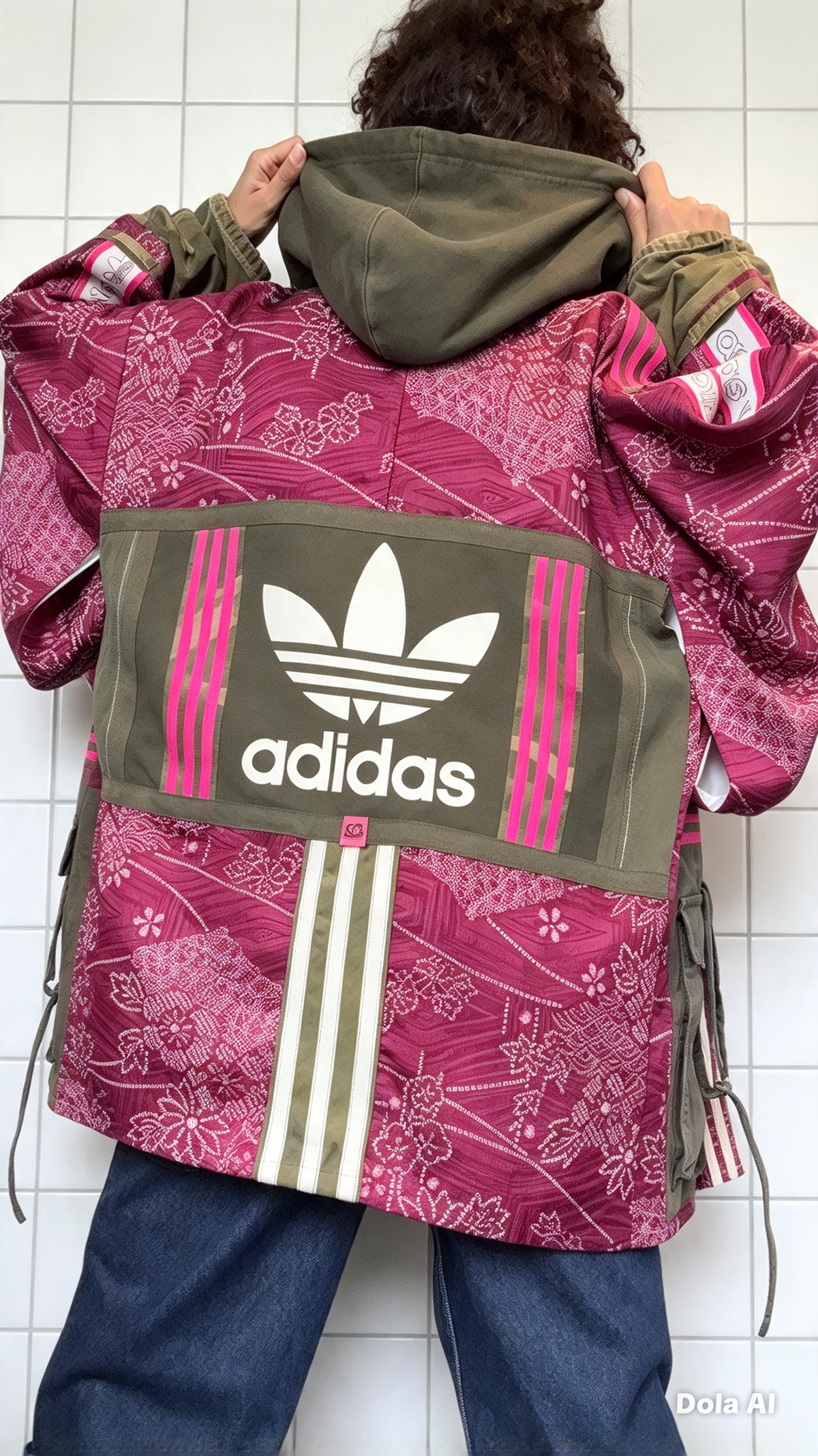 Burgundy Kimono Adidas logo - khaki hooded