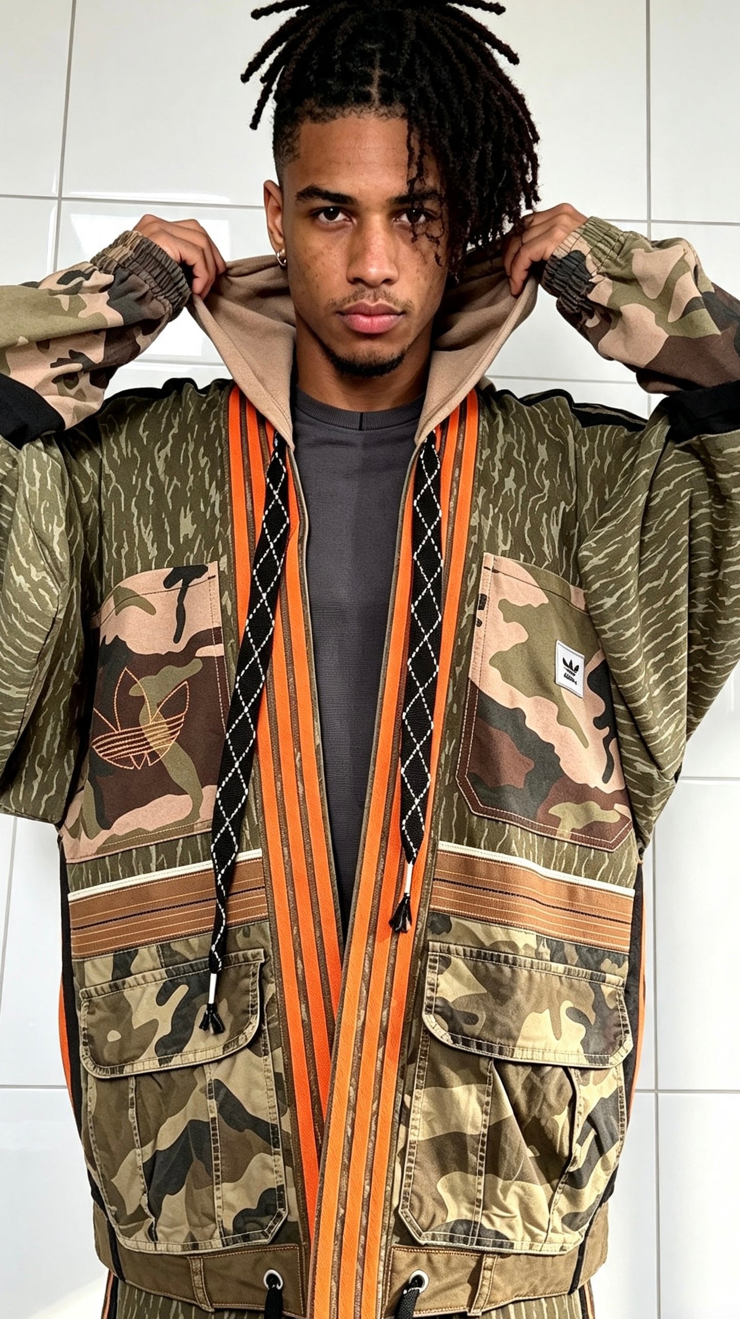 Kimono with Camo print Khaki orange trim Utility pockets and hood