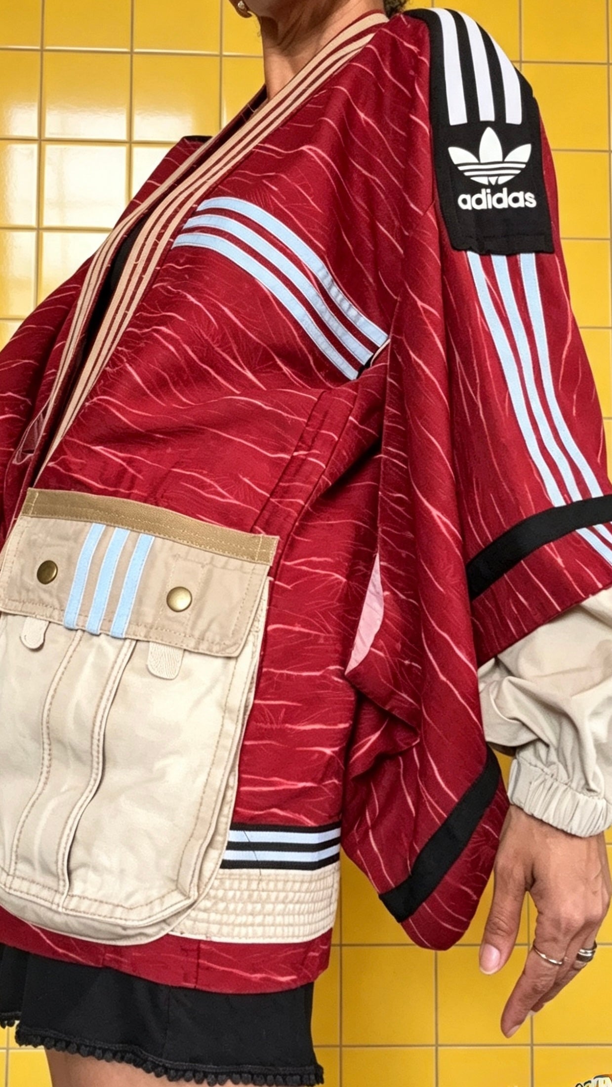 Deep Red Soft Washed Silk Kimono Cargo Jacket | Handmade Reworked Adidas Luxury Streetwear