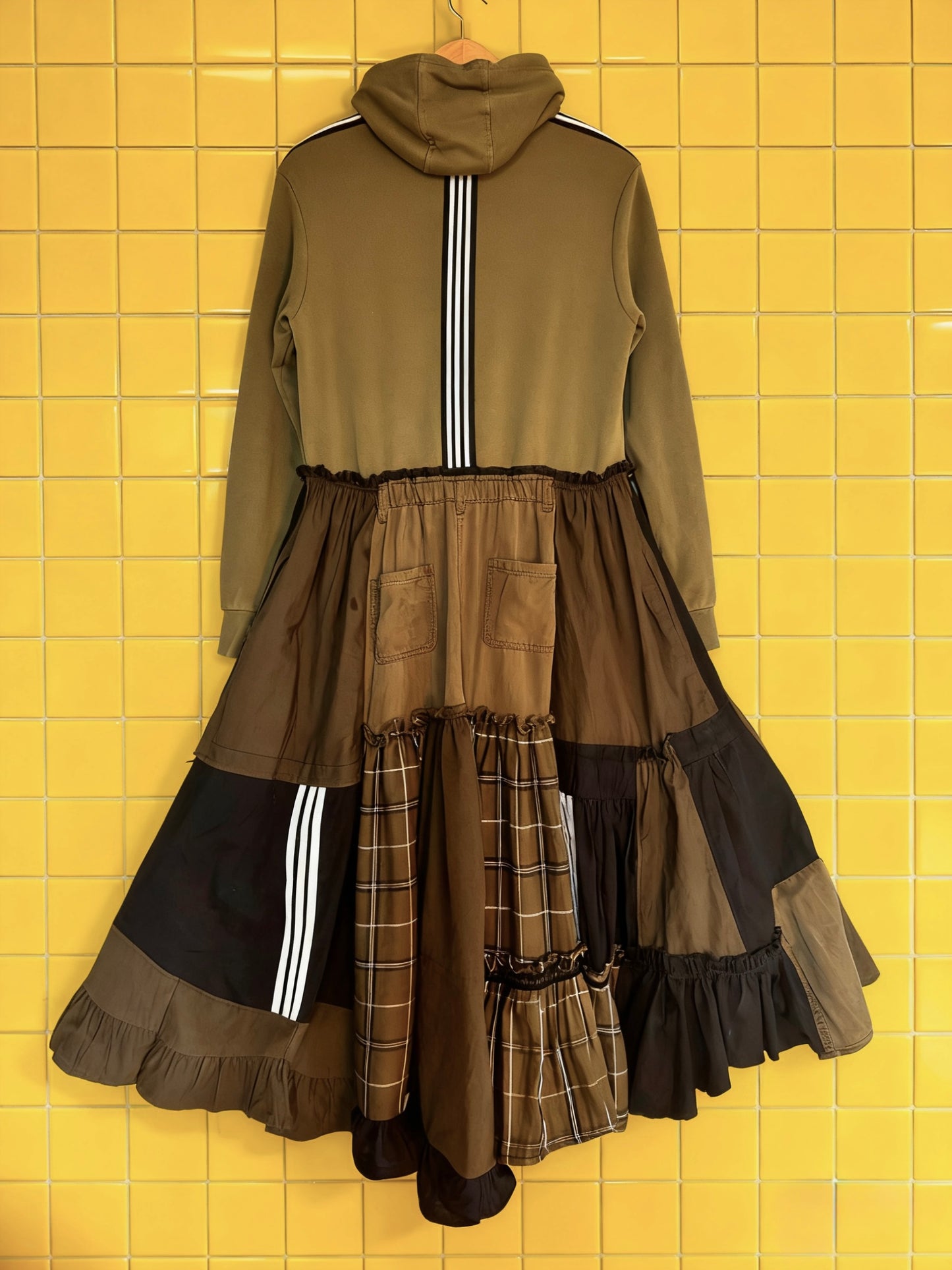 Adidas-khaki patchwork, check and plain hoodie- Handmade