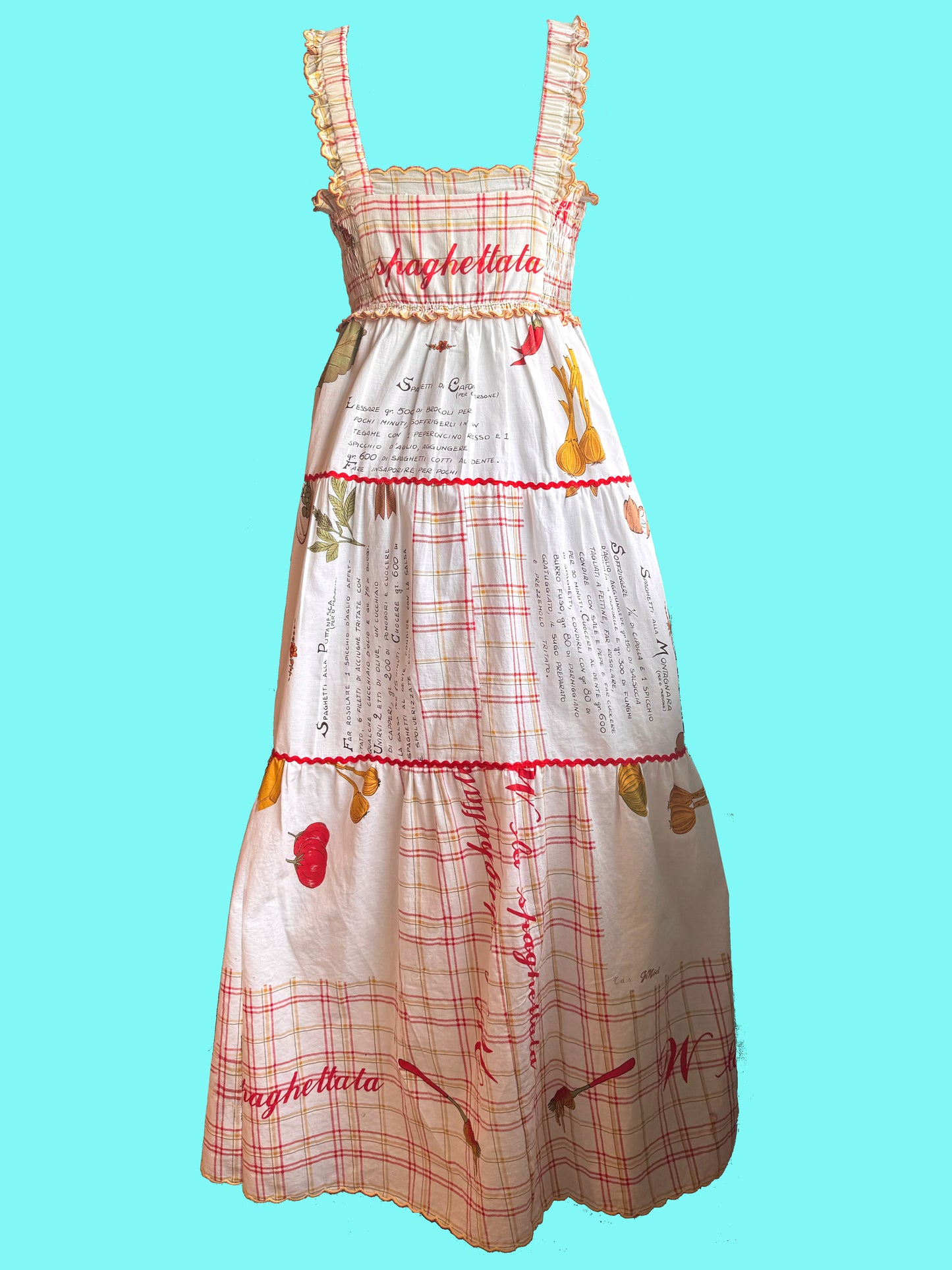 Spaghetti recipe Print dress- tiered maxi dress, shirred bodice