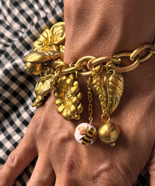 Gold-Tone Chunky Flower,ladybird & Bee Charm Bracelet