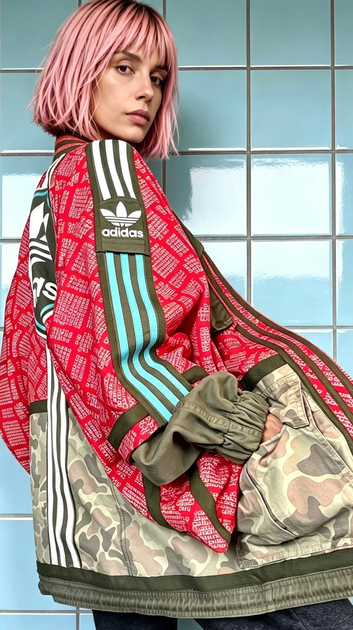 Red Haori kimono with camo utility detailing
