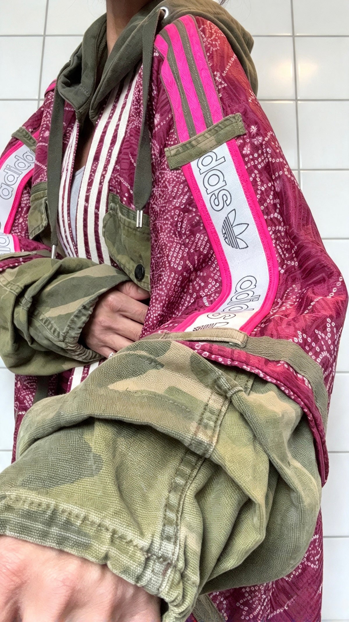 Burgundy Kimono Adidas logo - khaki hooded