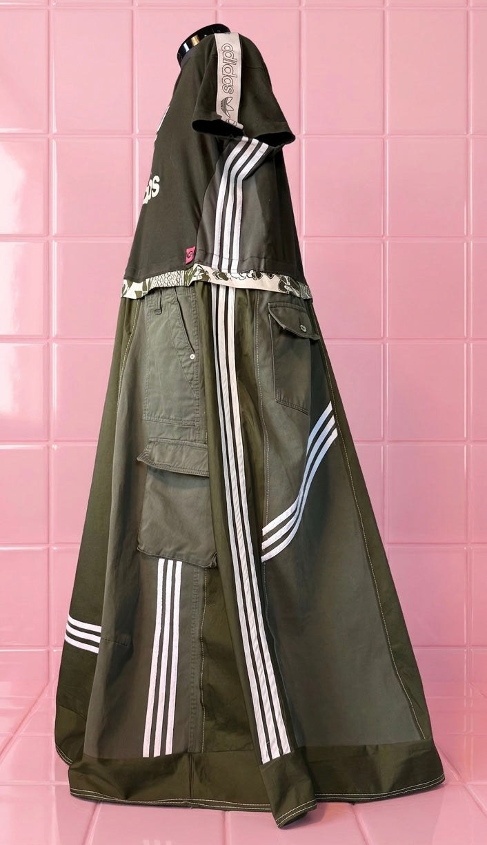 Reworked Adidas Khaki Green Maxi Dress | Oversized Trapeze Cargo Dress | 8 Pocket Utility Dress | Stripe Detail | One Size