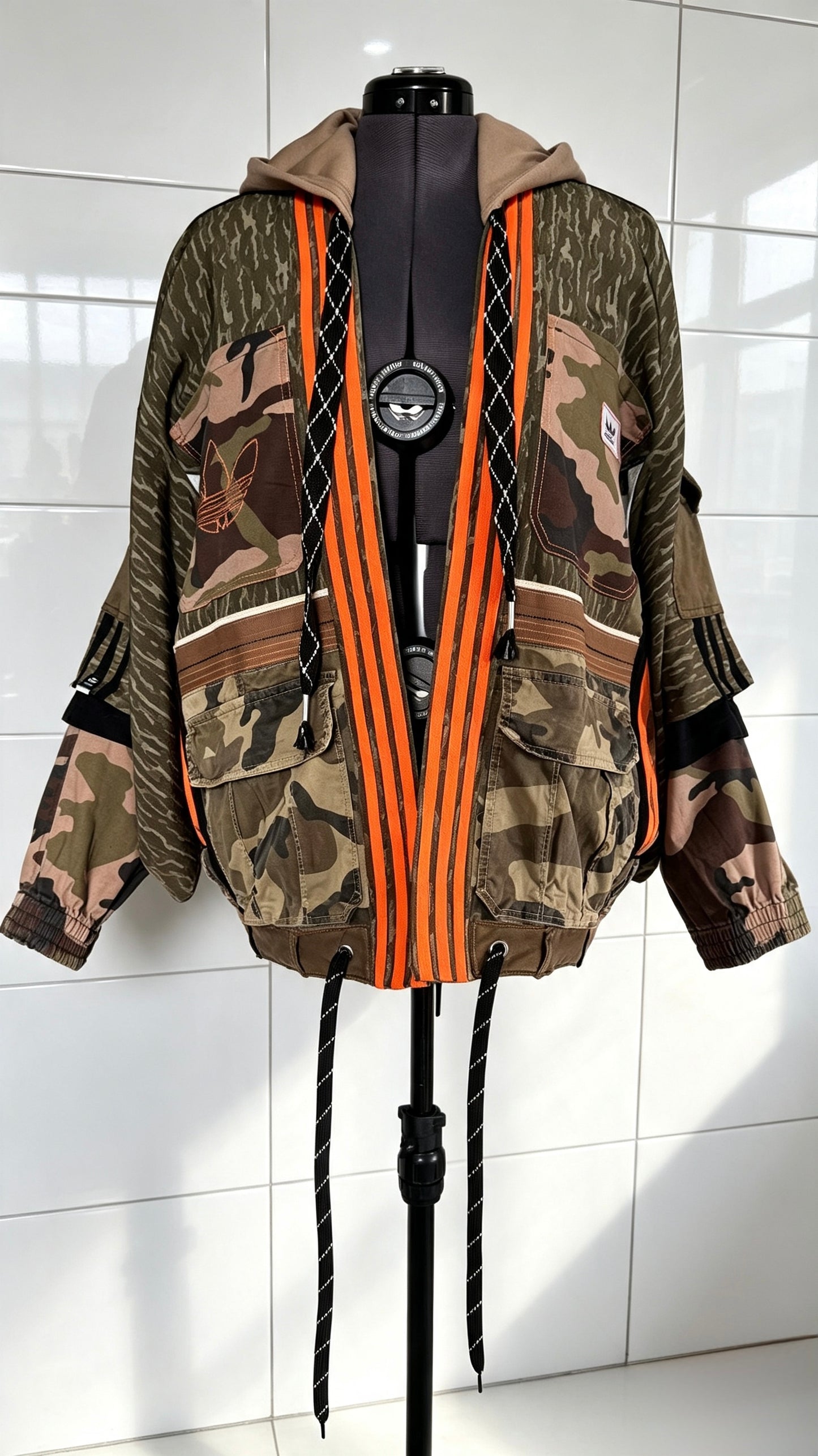 Kimono with Camo print Khaki orange trim Utility pockets and hood