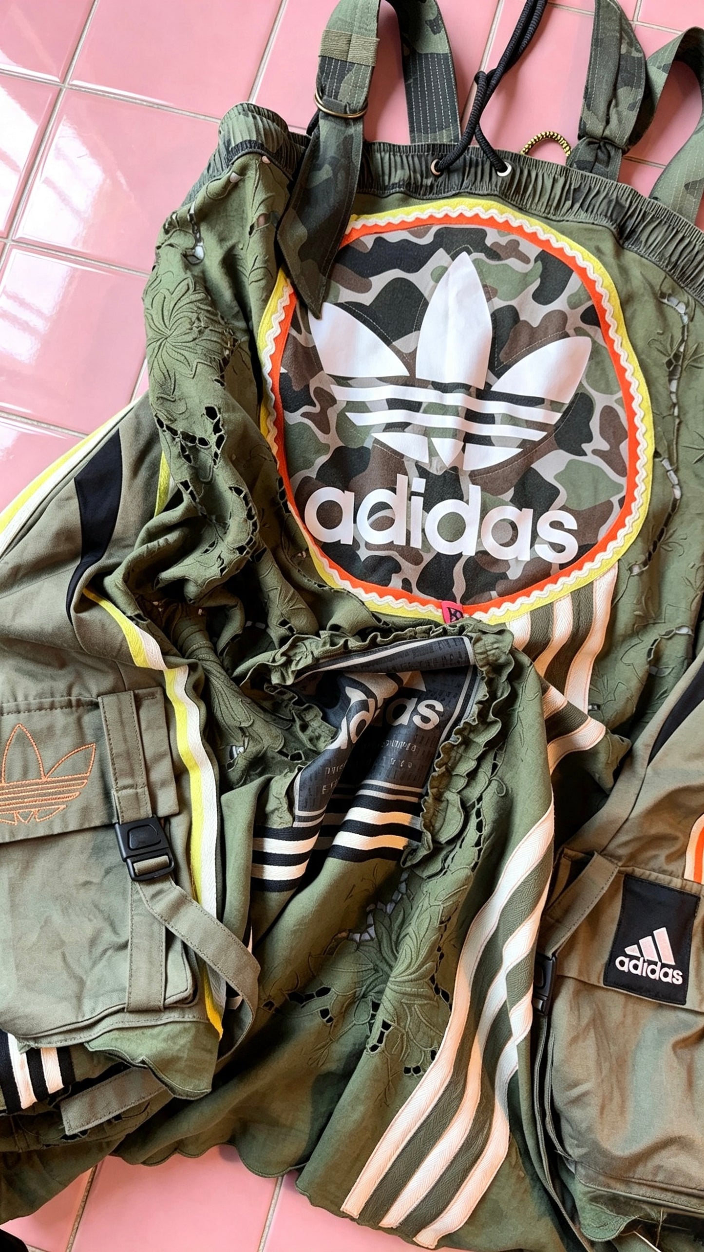 Khaki Camo Adidas Lace Dress | Handmade Upcycled Festival Dress | One Size Utility Swing Dress